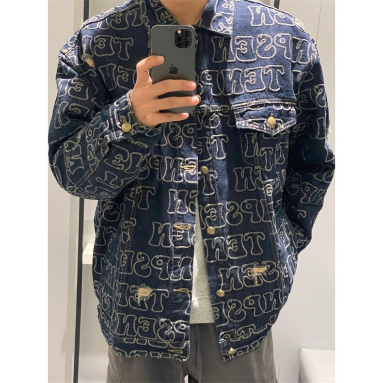 【有货】破洞满印牛仔外套男高级感痞帅美式工装夹克226CC-特P70,男装工装外套,星座1007（原301D）