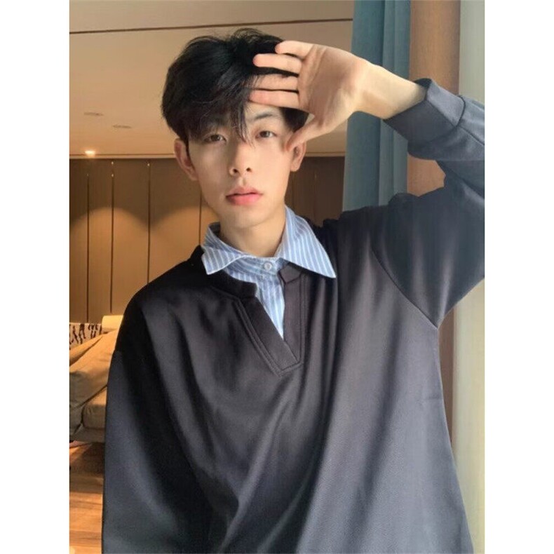 学院风假两件衬衫领卫衣男春秋季美式高街宽松设计感百搭休闲上衣图片