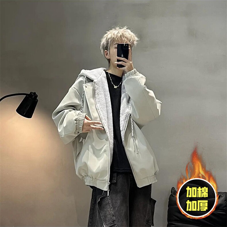 网图美式高街座山雕连帽pu皮棉衣男女加厚毛绒外套9175-P108特，男装皮衣，电商B380（原B361）