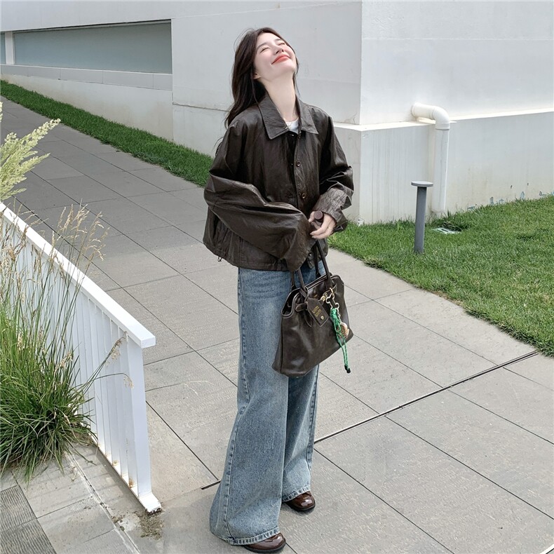 美拉德咖色设计感条纹皮衣外套女2025秋季新款慵懒风百搭减龄外套,女装短外套,2C198