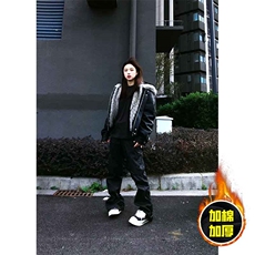 现货冬季美式潮牌痞帅PU皮机车服棉衣毛毛绒狼王座山雕皮棉服，男装棉衣，电商A486