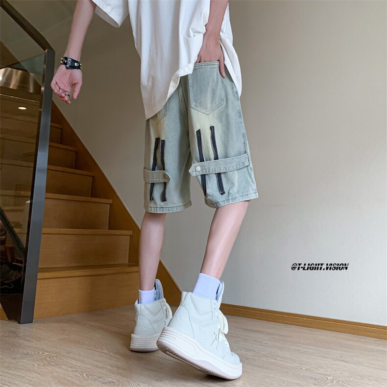 B221美式ins高街设计感拉链直通五分牛仔裤LK23082-P50控68,男装牛仔裤,电商B221