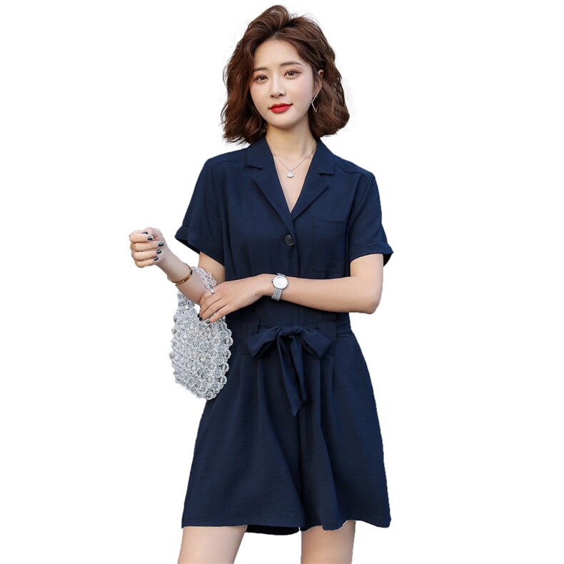 2021年夏季通勤连衣裤短裤西装领口袋装饰短袖V领连体裤女装,女装连体裤,微微衣阁