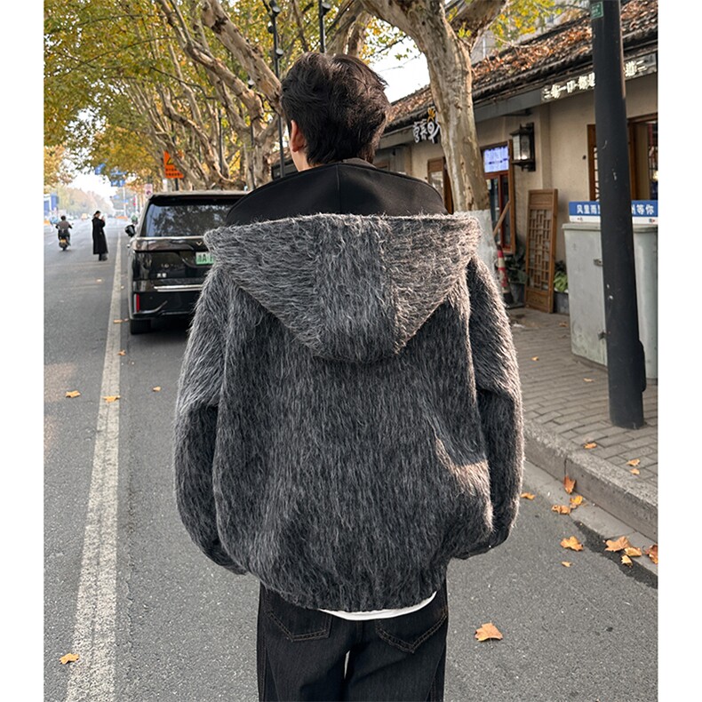 纯色假两件休闲毛呢拉链连帽夹克男外套A071-5018-P128,男装夹克,电商A071