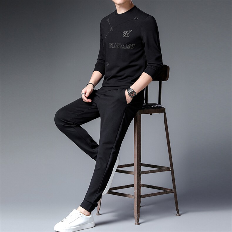 中年男装印花休闲套装秋季爸爸装圆领中老年运动服男卫衣套装图片