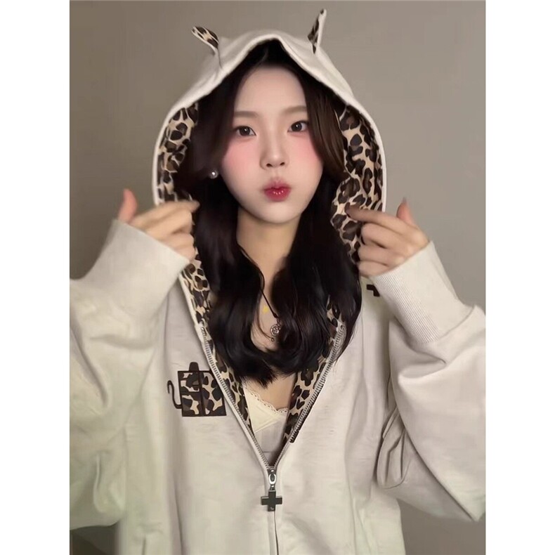 美式复古小恶魔豹纹连帽卫衣男女春秋冬情侣开衫外套WYH88-P52,女装短外套,星座208-5