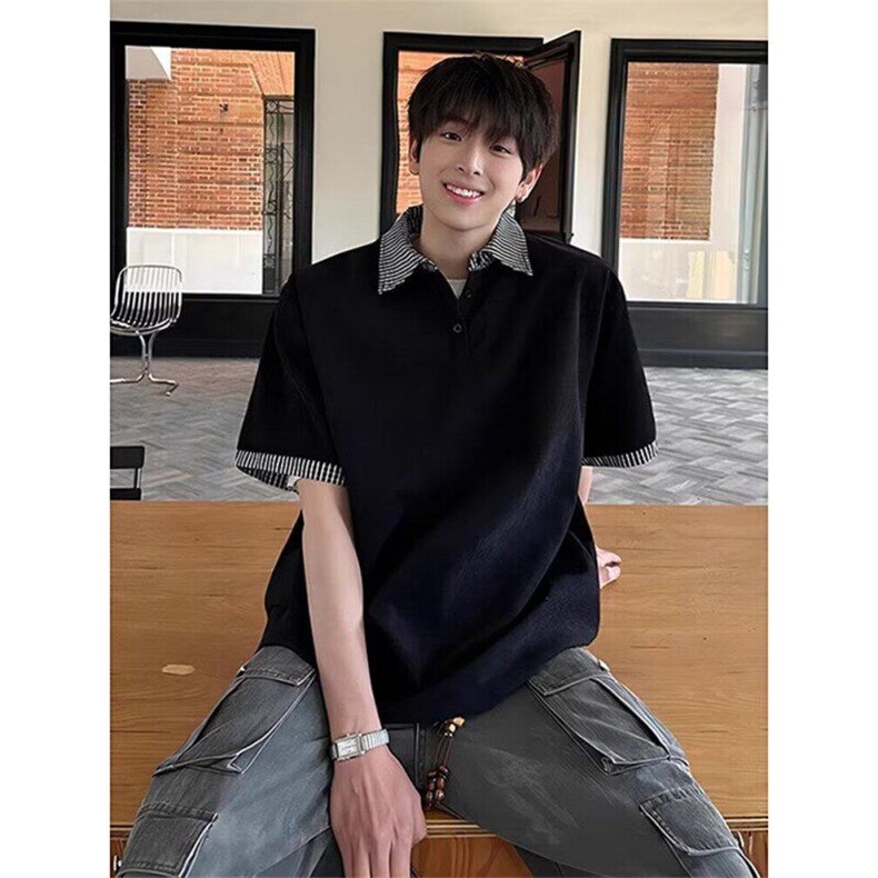 假两件正肩t恤男夏季美式重磅翻领格子polo衫短袖PT741-P38，男装Polo衫，星座1001-1