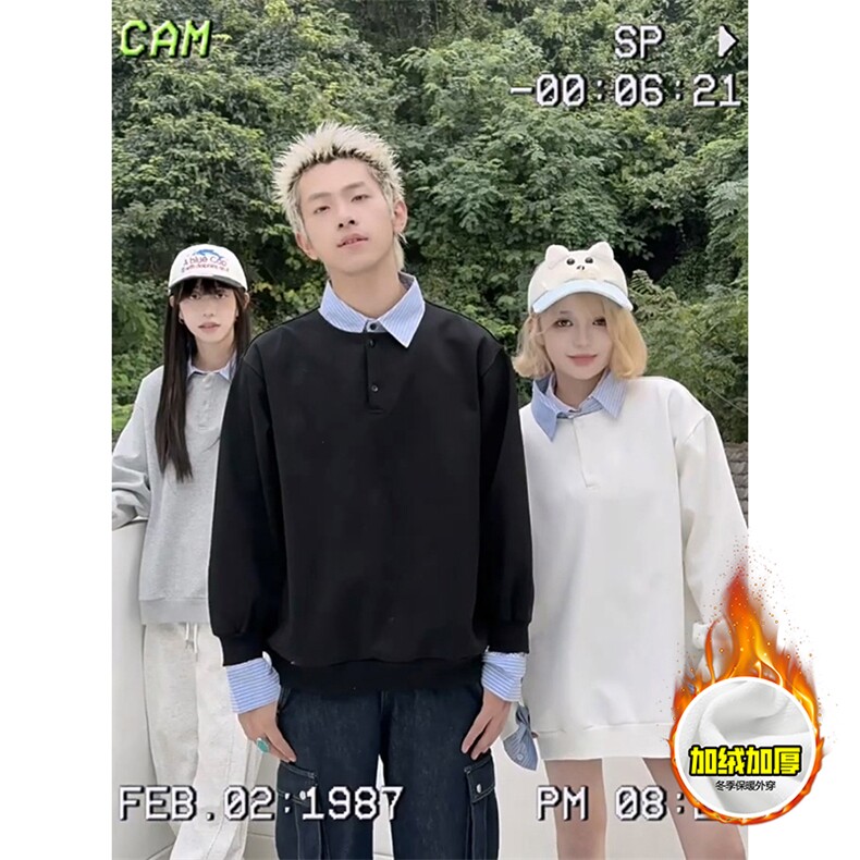重磅加绒硬挺boxy男女美式高街假两件衬衫领长袖卫衣POLO领打底衫,男装T恤,电商A486-1