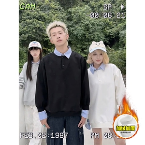 重磅加绒硬挺boxy男女美式高街假两件衬衫领长袖卫衣POLO领打底衫图片