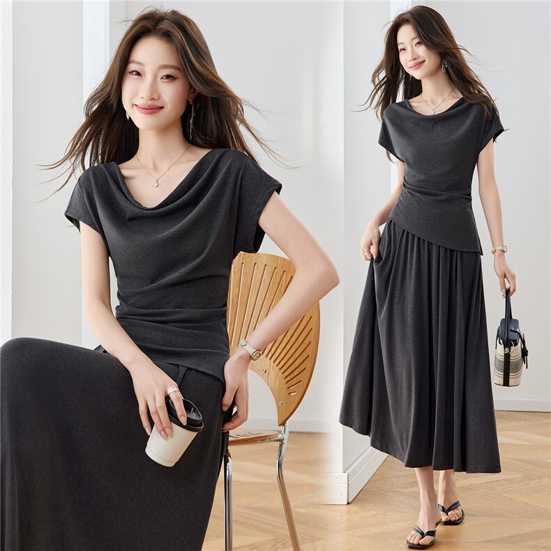 现货！2026年夏季优雅风两件套休闲半身裙套装女时尚显瘦，女装套装/套裙，沐七七