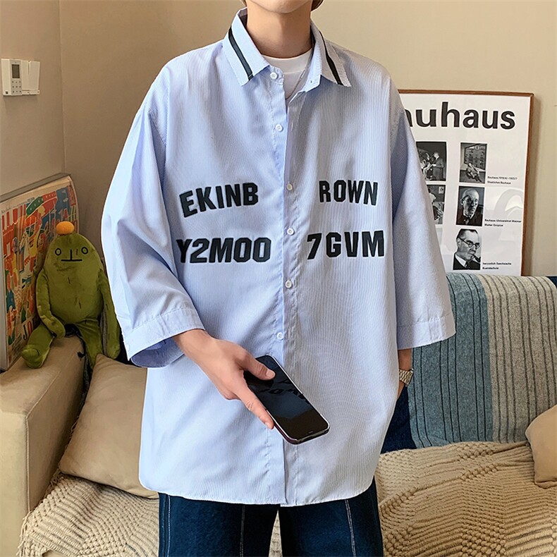 1港风竖条纹大码M-5XL中性风情侣潮七分袖衬衫男QCS7018P45控69,男装衬衫,星座226-2