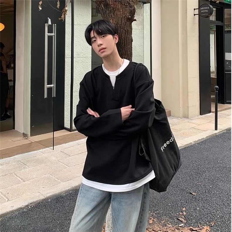 305G假两件纯色长袖卫衣男女春秋宽松情侣上衣套头W75-P65官图，女装卫衣/绒衫，电商B245