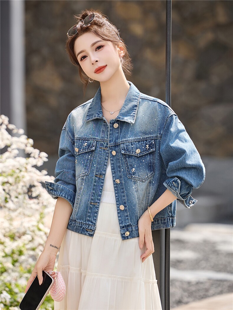 『现货』镶钻2026春夏小马装新复古蓝色水洗牛仔外套女小个子夹克,女装短外套,意芙