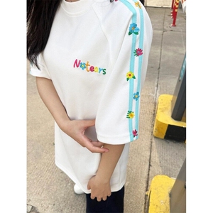 刺绣短袖条纹刺绣工艺潮男女情侣夏季宽松纯棉高级T恤T1227图片