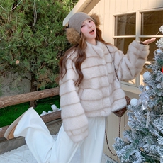 现货210-7702-P185-K268水貂立领皮毛一体外套优雅风，女装羊羔毛/颗粒绒，韩蜜菓