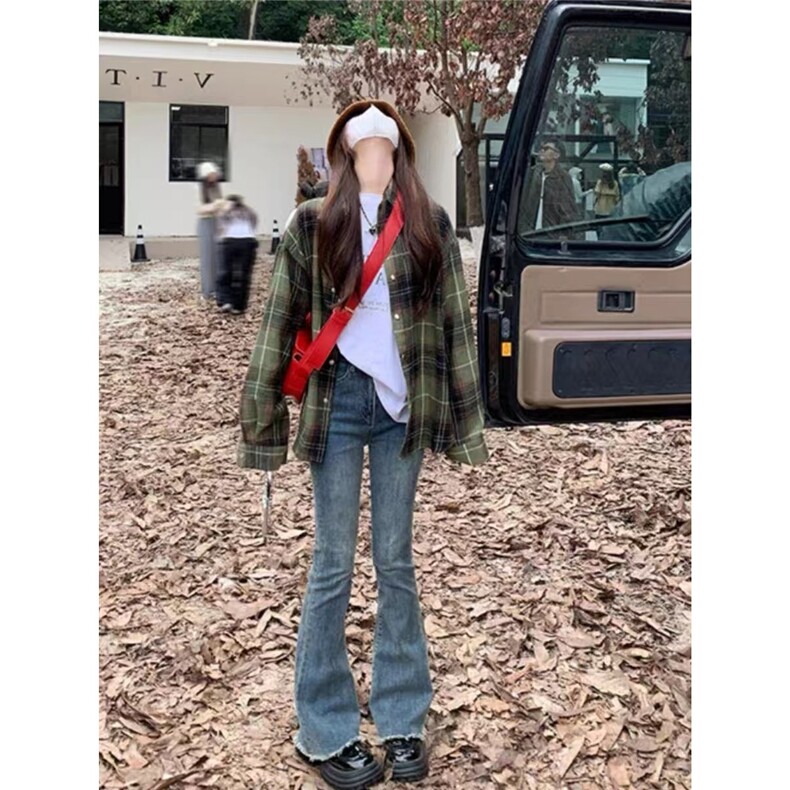 美式复古格子衬衫外套女春秋新款宽松慵懒风小个子衬衣长袖上衣潮,男装衬衫,星座1210-1