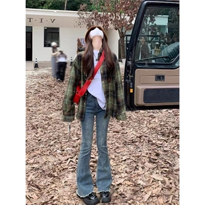 美式复古格子衬衫外套女春秋新款宽松慵懒风小个子衬衣长袖上衣潮图片