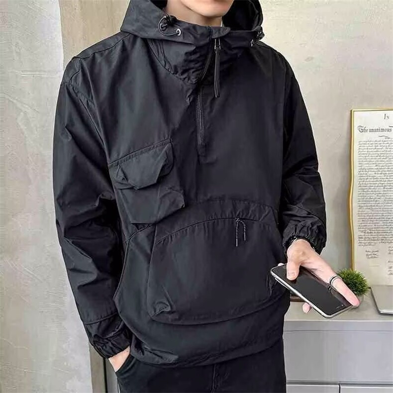 外套男士春秋小众连帽夹克潮流多口袋工装上衣百搭冲锋衣套头外衣图片