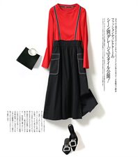 时尚百搭长袖连衣裙显瘦修身红色黑色拼接设计，女装连衣裙，笃写