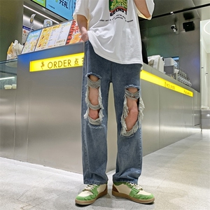 高街膝盖大破洞阔腿牛仔裤男2023年春夏乞丐老爹裤子N06003-P40图片
