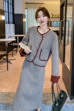 现货!春秋人字纹拼色安可拉红小香风套装#99011-P195-K269，女装套装/套裙，2C317