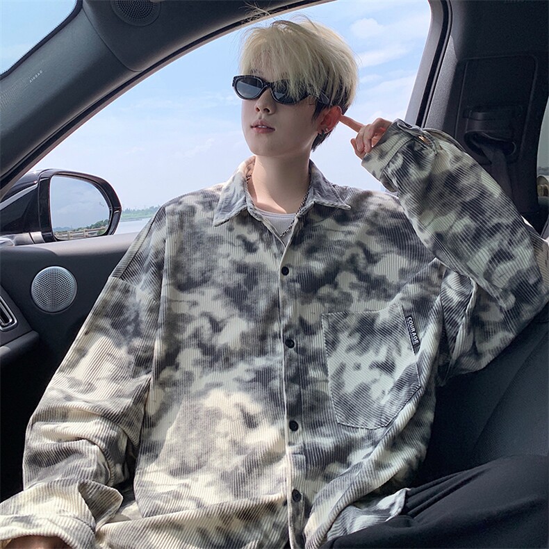 衬衫男秋季新款港风宽松大码灯芯绒扎染长袖衬衫CS8108-P42，男装衬衫，星座214-3