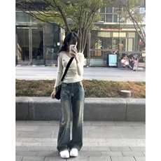 设计感小众V领纯棉长袖T恤女春秋内搭短款打底衫美式辣妹修身上衣，女装T恤，星座506A