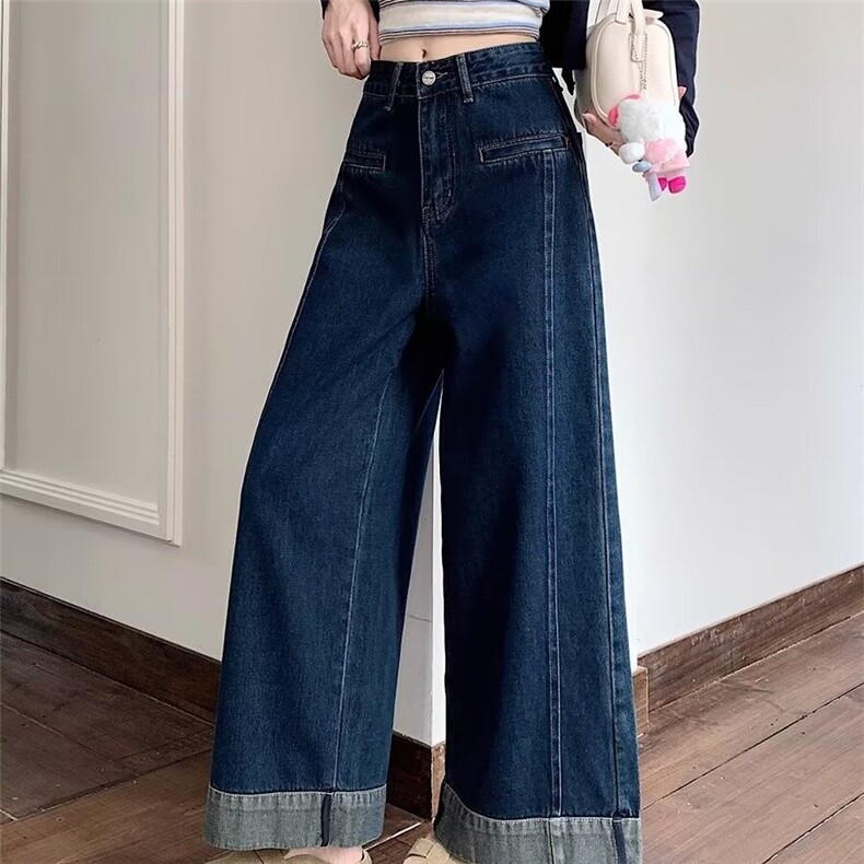 蓝色直筒卷边九分烟管裤小个子牛仔裤女2025秋冬高腰宽松阔腿裤子,男装牛仔裤,星座1210-1