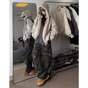 现货高品质美式高街冬季重磅硬挺短款座山雕毛领棉衣男女加厚外套图片