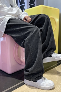 D321-1-DM173-P45男装港风宽松直筒阔腿纯色四季款牛仔长裤图片