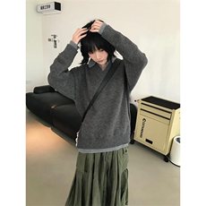 重磅北极绒假两件衬衫领毛衣美式高街复古休闲慵懒纯色翻领针织衫，男装针织衫/毛衣，电商A486