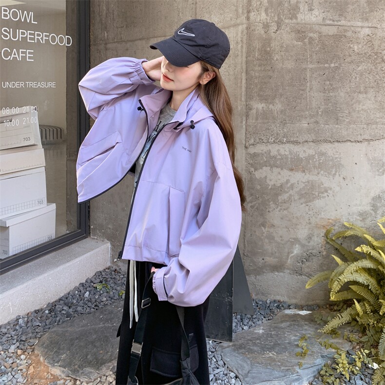 紫色韩系超好看连帽工装冲锋衣短外套女2025秋小个子减龄休闲上衣图片