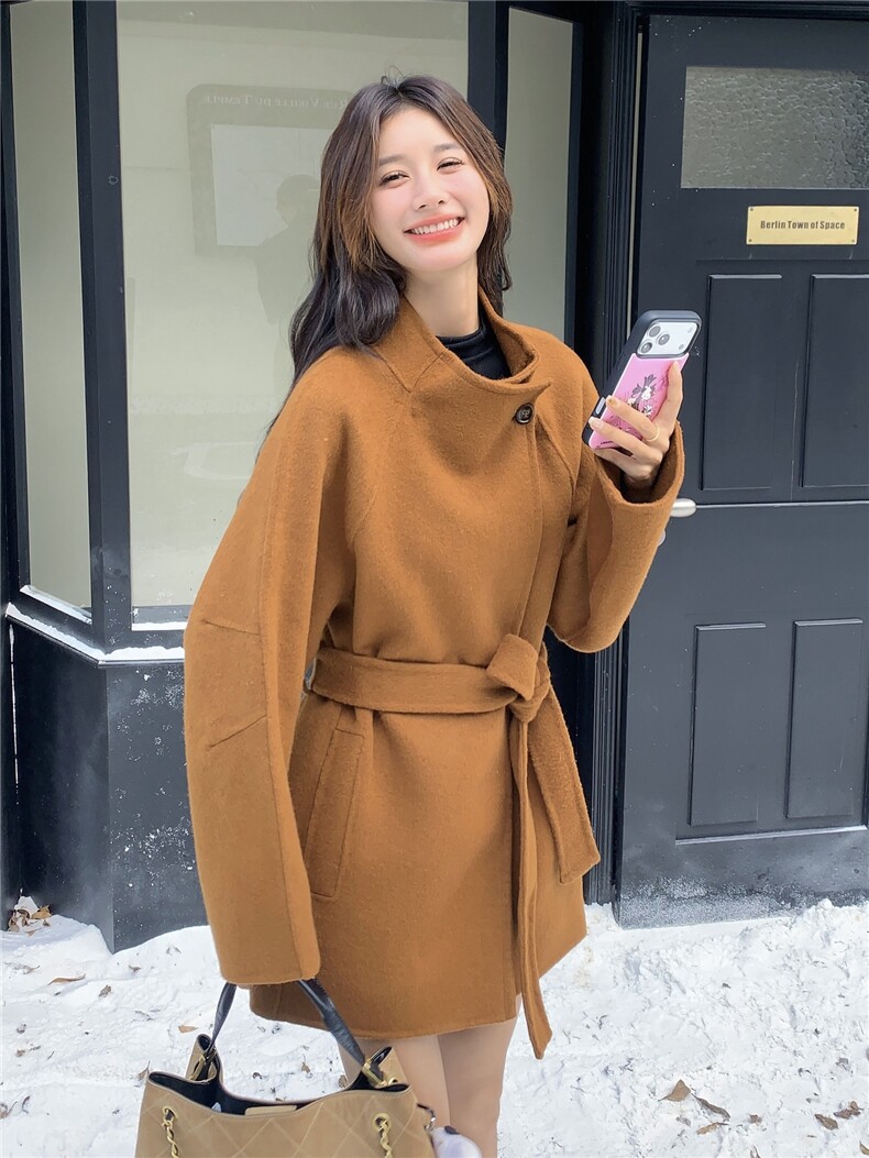 美拉德收腰气质呢子外套女2025年秋冬季新款百搭显瘦双面羊毛大衣,女装双面呢大衣,蝶眷