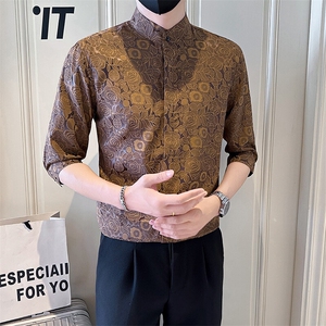 店主风社会小伙男七分袖立领提花衬衫男店主风301A-1/CS580/P55