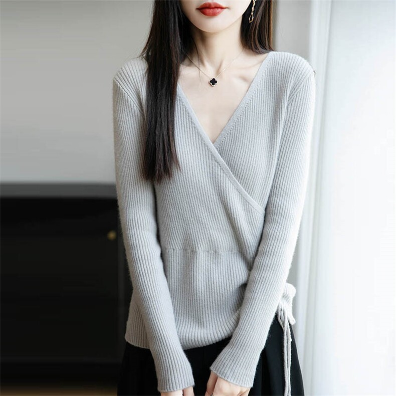 秋冬新V领抽绳羊毛衫女修身长袖上衣针织羊绒打底毛衣遮肉显瘦,针织衫/毛衣,暖绒情旗舰店