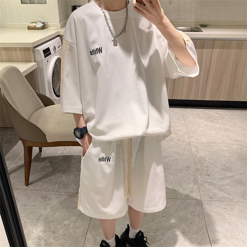 2026夏装华夫格拼接绣花休闲运动套装五分短裤TZ808/P65白色，男装休闲套装，电商A094