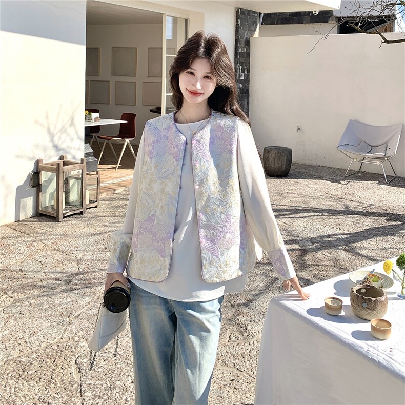 紫色高级感撞色刺绣风马甲小衫套装两件套女早春秋两面穿马夹,女装短外套,艾米莉亚