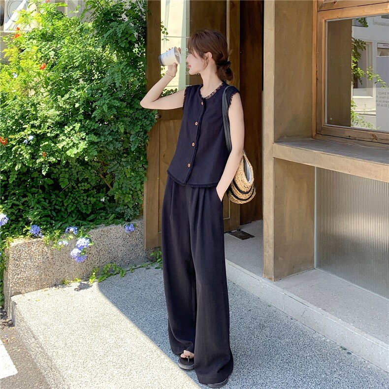 流苏小香风黑色马甲阔腿裤套装女夏2025新款通勤气质ootd两件套,女装套装/套裙,2C159