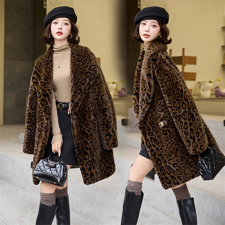 欧貂绒豹纹宽松毛皮草女复合皮毛一体外套西装廓形泰迪时髦大衣冬，女装皮草，江南女神