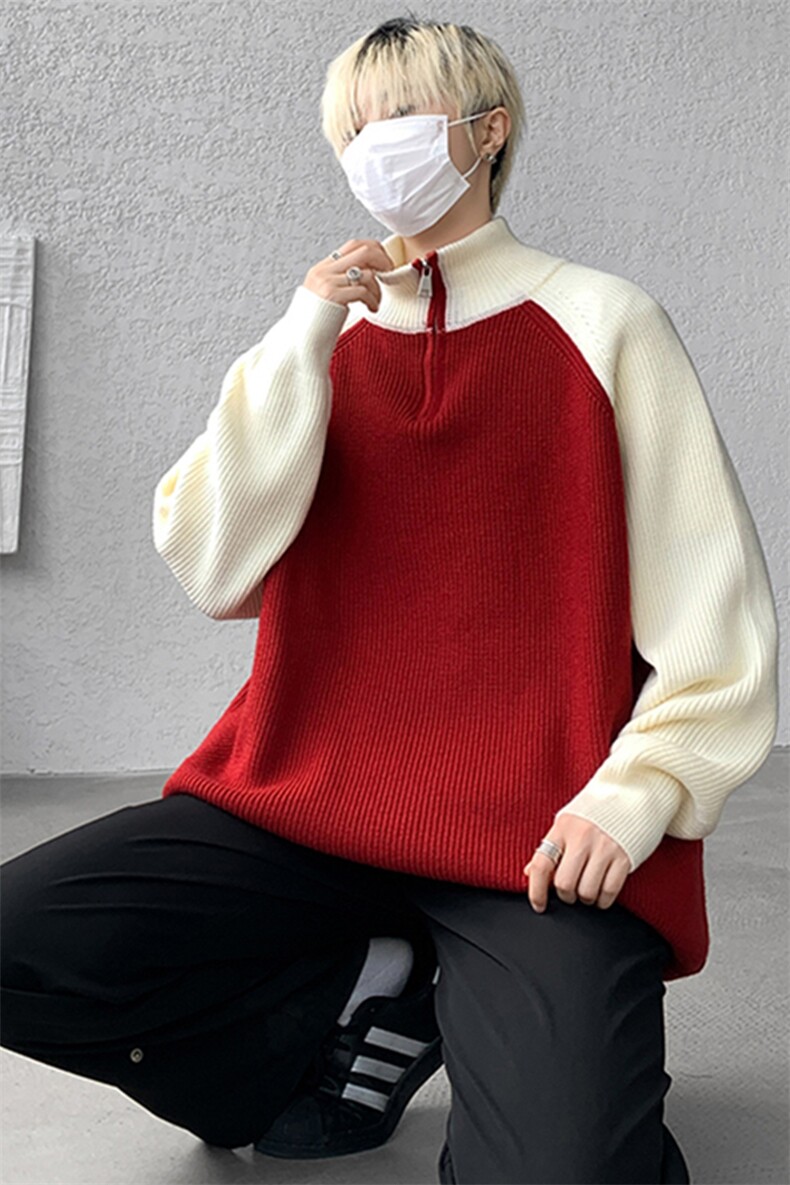 8XL-M半拉链立领毛衣外套男针织衫慵懒拼接插肩袖线衣MY19001P78,男装针织衫/毛衣,电商B312