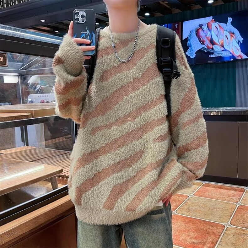 水貂绒斑马纹毛衣男冬季美式复古慵懒风针织衫加厚保暖高级感外套,男装针织衫/毛衣,星座218-1（原230）