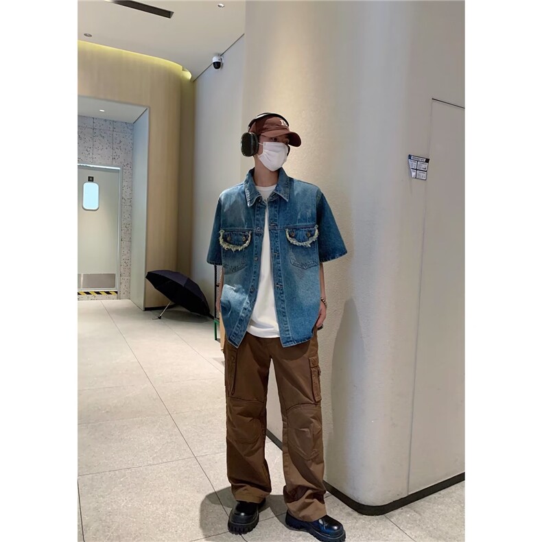 港风复古牛仔夏季潮牌短袖衬衣宽松休闲薄外套-J1003图片