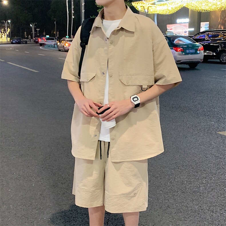 ins潮流男士两件套2024夏季休闲百搭宽松创意潮牌五分袖衬衫短裤,男装牛仔裤,电商A409-1