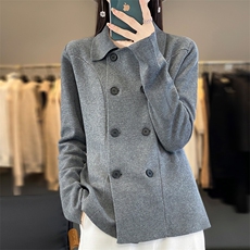 时髦高级感针织西服外套女2024春装欧货显瘦双排扣休闲上衣外搭，女装短外套，佳绒包芯纱店