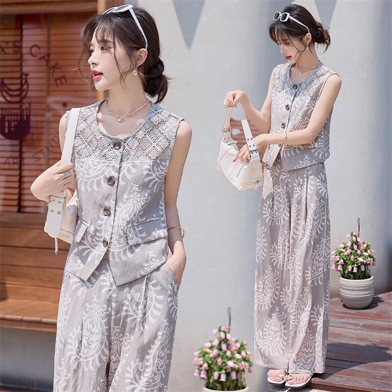 2025夏装新款民族风蕾丝镂空拼接印花宽松两件套，女装套装/套裙，慕依路