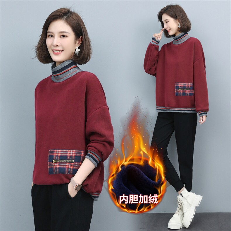 长期现货，女士卫衣冬加绒款款宽松时尚减龄妈妈长袖半高领上衣潮,女装卫衣/绒衫,涵誉