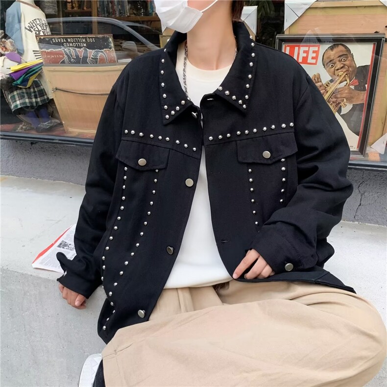 柳钉牛仔外套男网红同款休闲黑色夹克百搭上衣 J3716 P50图片