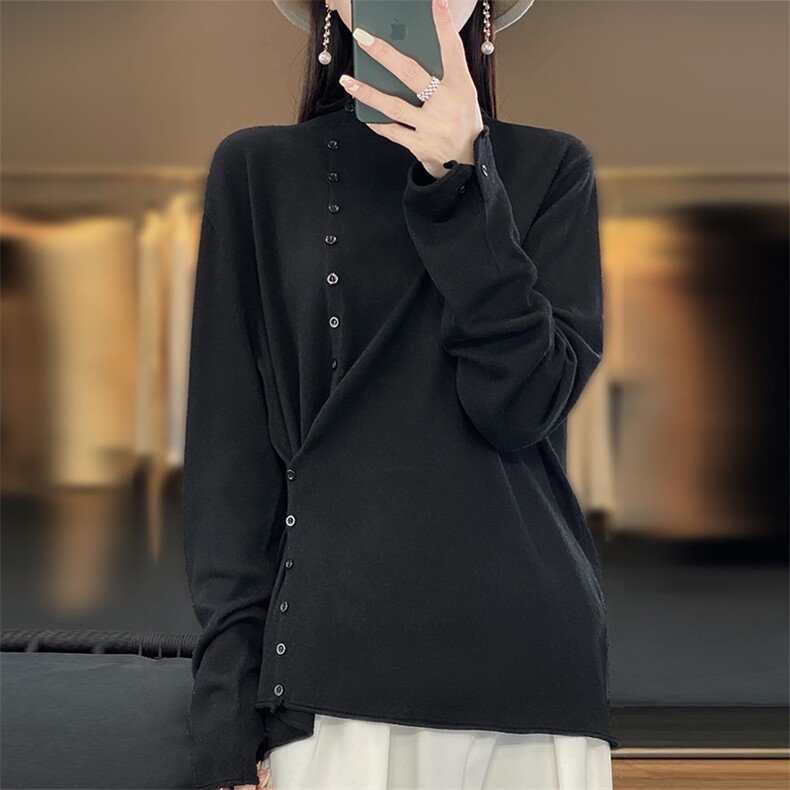 卷边半高领精纺羊毛针织长袖毛衣女春秋新款不规则多扣打底衫上衣,女装羊毛衫,总能电商供货