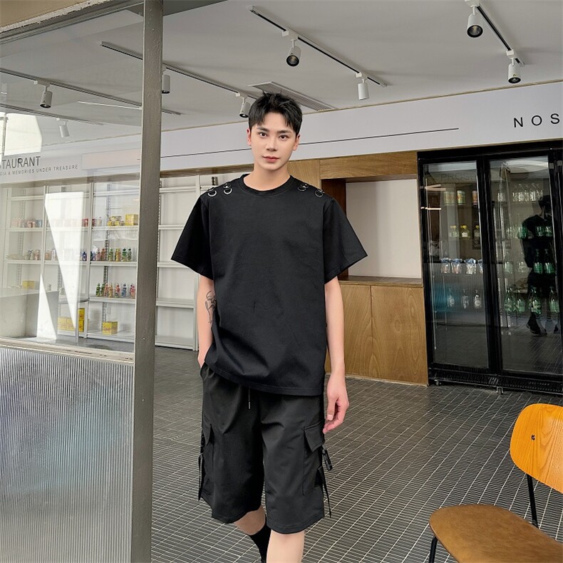 夏季小众金属半环设计感短袖T恤男宽松休闲简约痞帅半袖男600-P80,男装T恤,电商A345