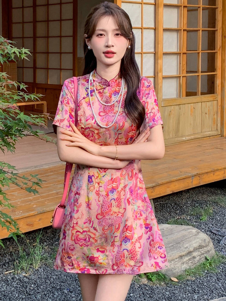 新中式国风改良旗袍套装女2025夏季新款洋气修身印花短裤两件套潮,女装套装/套裙,超帛